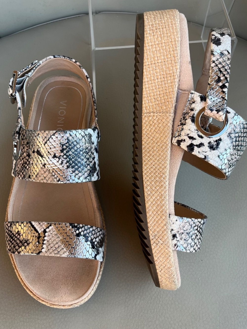 Vionic Louise Raf Boa Platform Sandals Slingback Reptile Print Sz 8 Tan Black